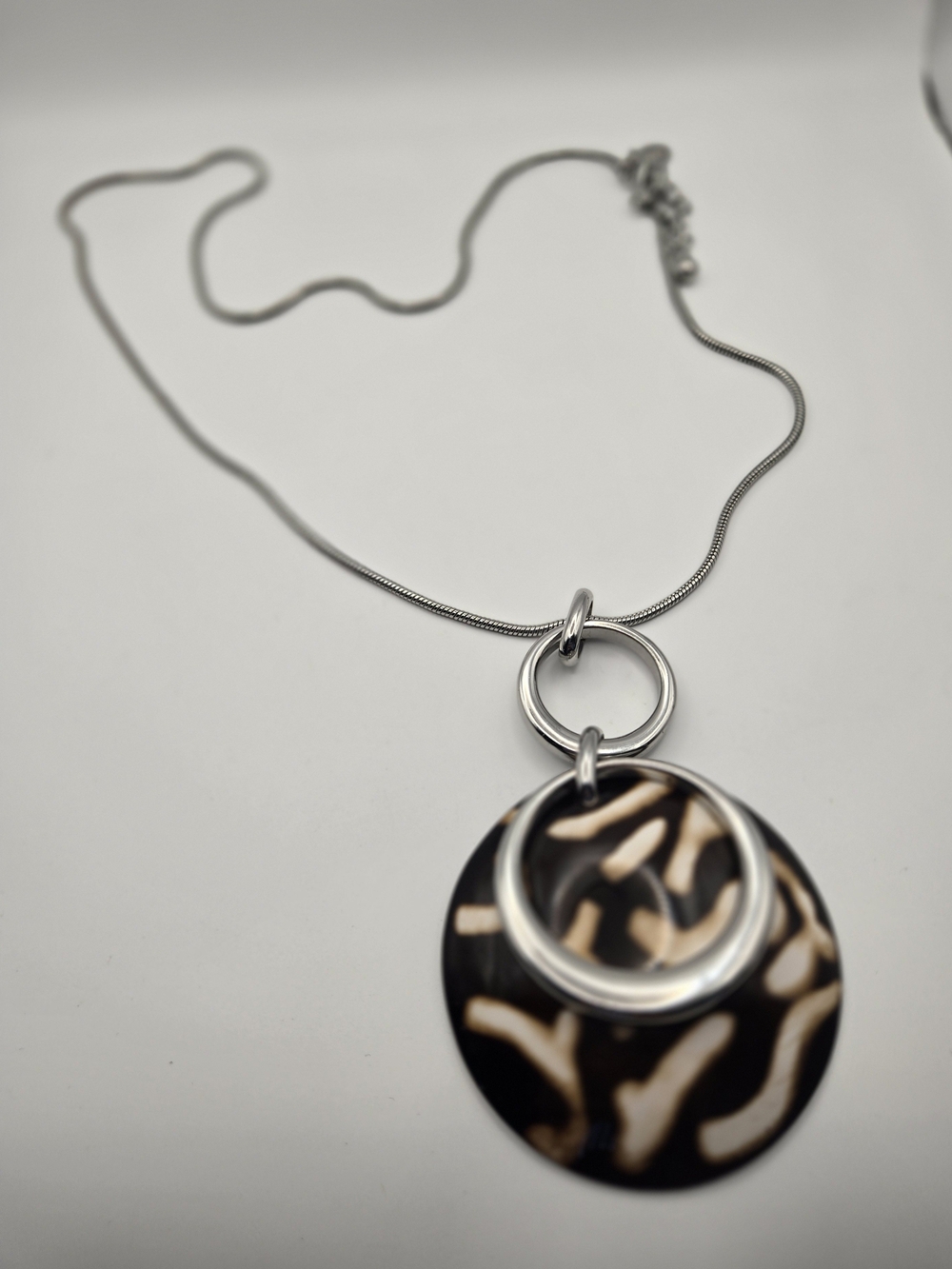 Chico's Brown Cream Silvertone Pendant Long Necklace Ethnic Tribal Pattern Boho